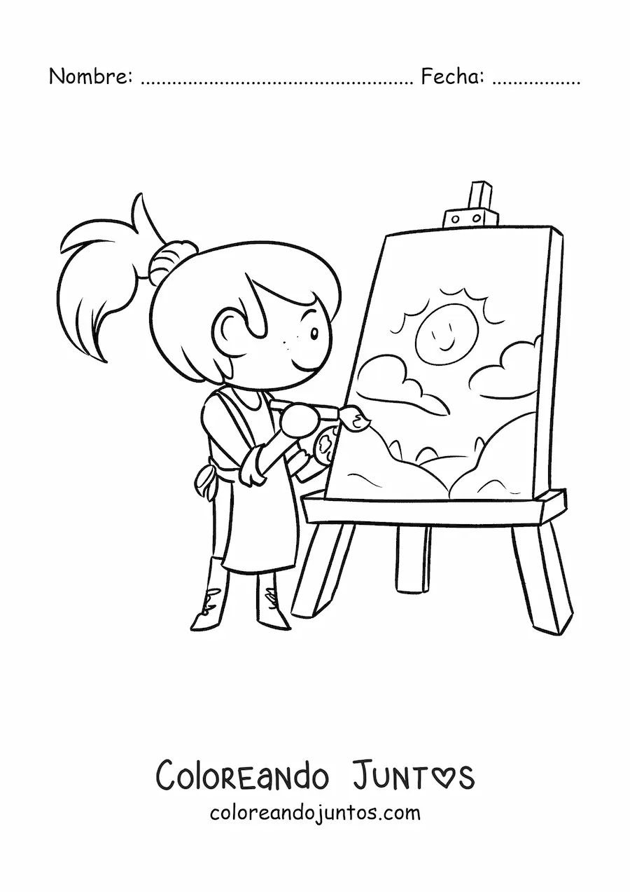 Imagen para colorear de niña artista pintando en un lienzo