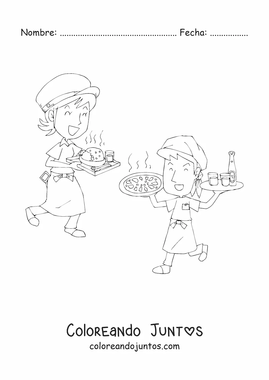 Imagen para colorear de caricatura de meseros de un restaurante trabajando