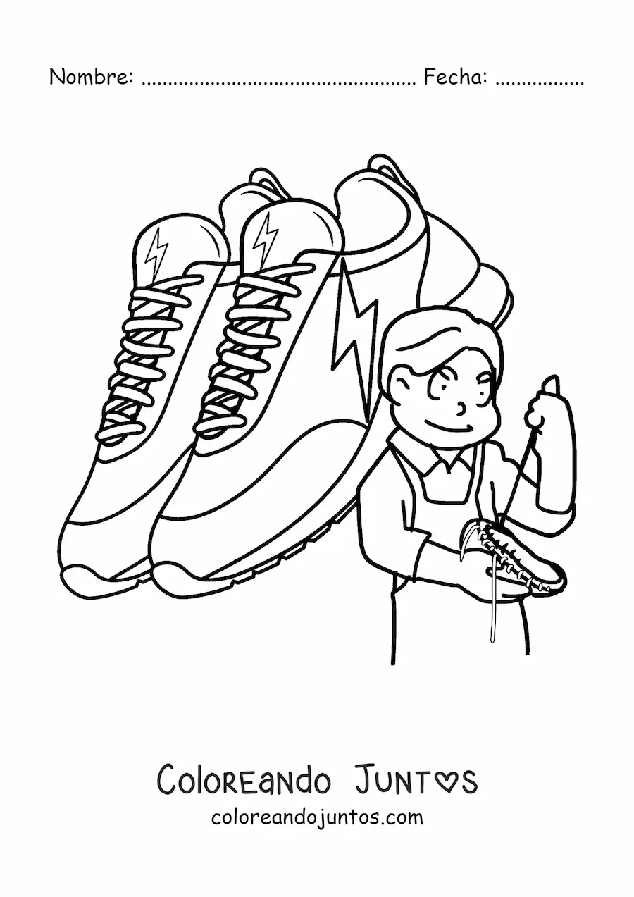 Imagen para colorear de hombre con oficio de zapatero animado con un par de zapatos