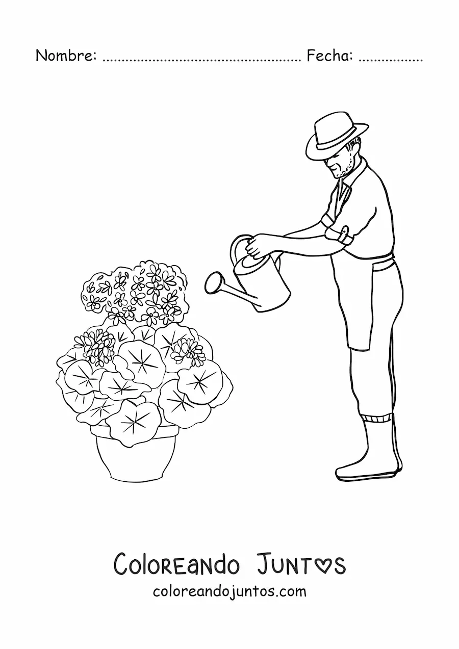 Imagen para colorear de jardinero con sombrero regando las plantas