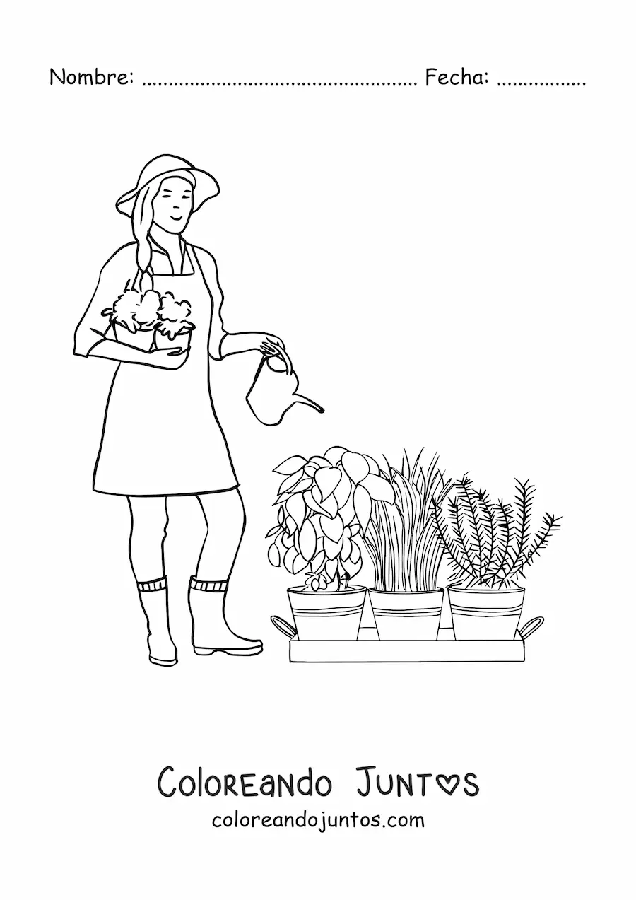 Imagen para colorear de jardinera con sombrero regando las plantas