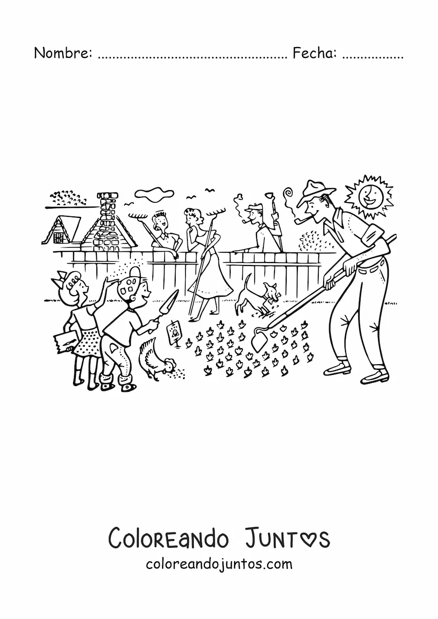 Imagen para colorear de familia con niños haciendo trabajos de jardinería en el jardín