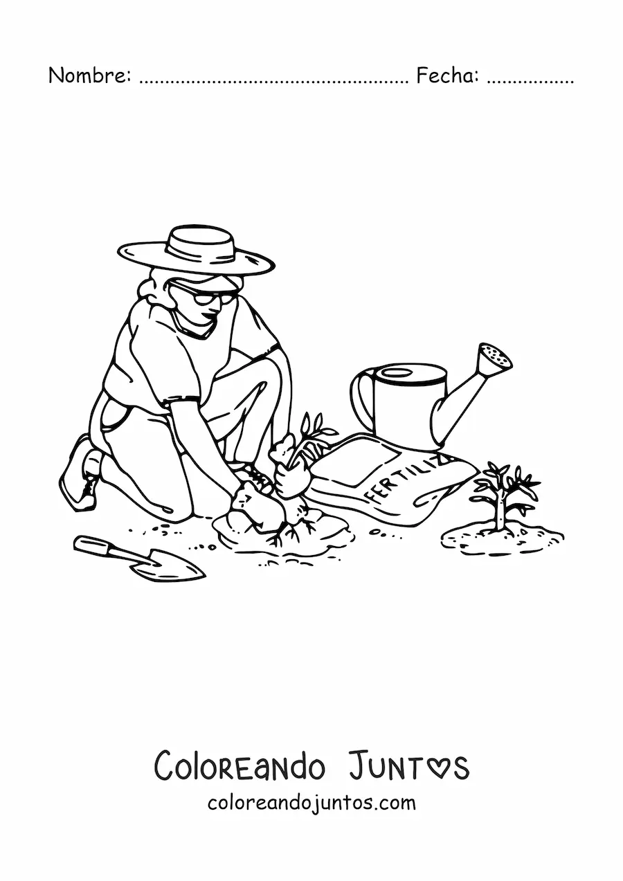 Imagen para colorear de mujer jardinera con sombrero sembrando en el jardín