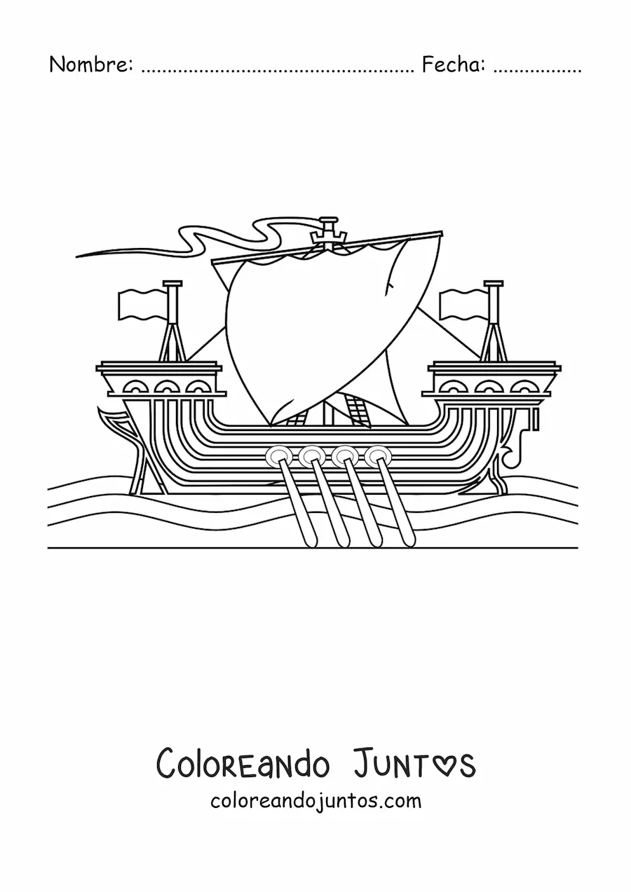 Imagen para colorear de un barco vikingo en el mar con remos y varias velas
