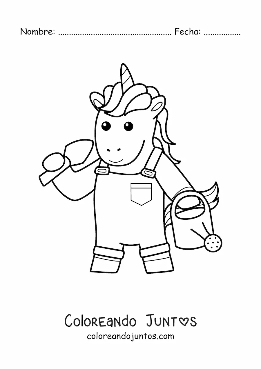 Imagen para colorear de unicornio jardinero animado kawaii