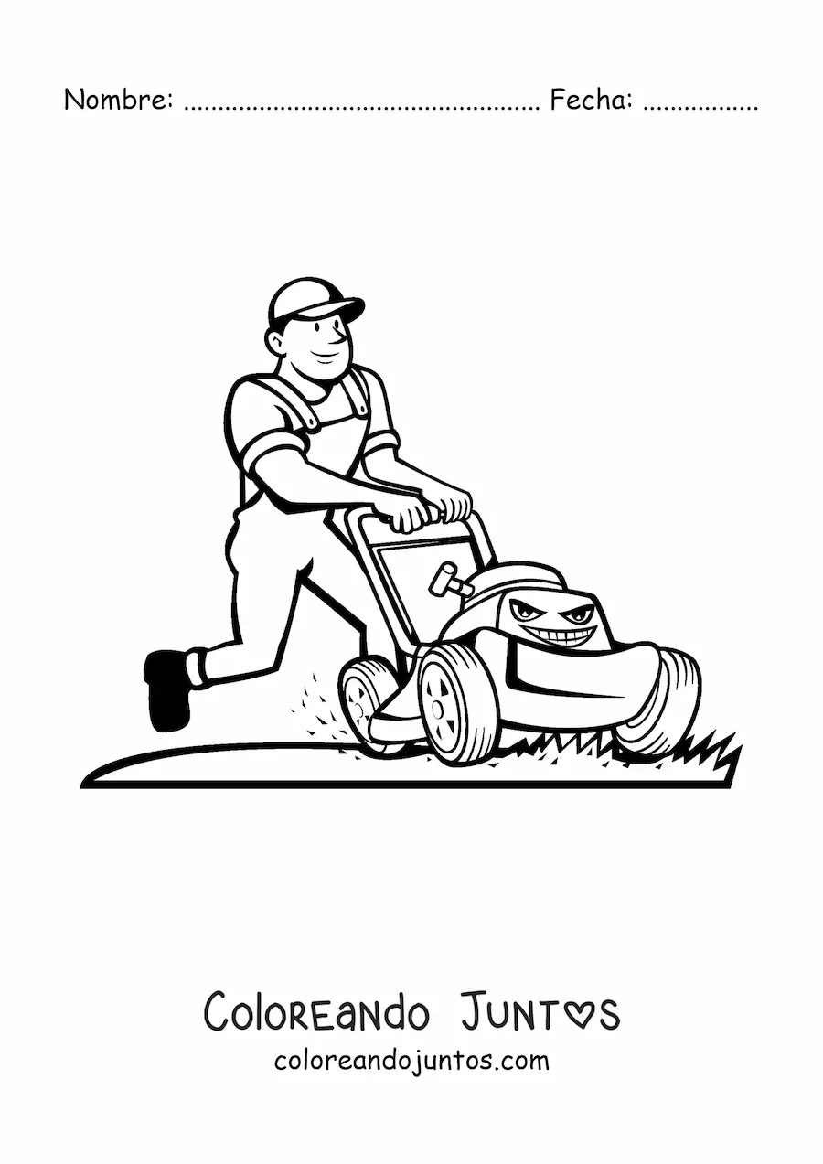 Imagen para colorear de caricatura de un jardinero cortando el césped