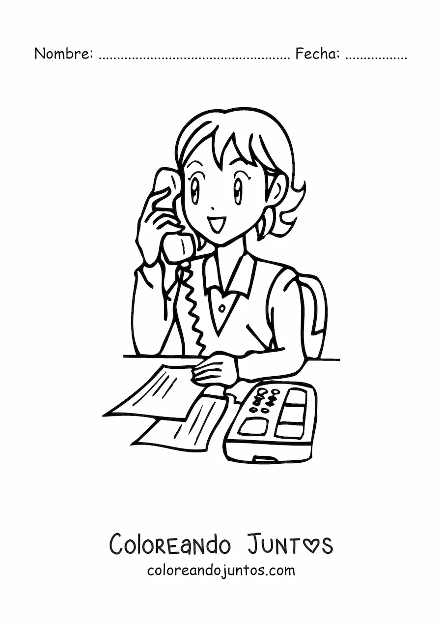 Imagen para colorear de secretaria animada llamando por teléfono