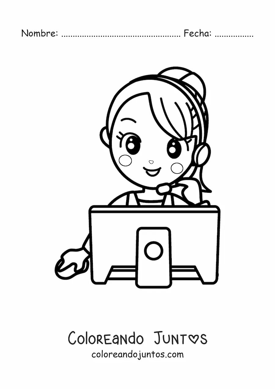 Imagen para colorear de secretaria kawaii llamando por teléfono frente al ordenador