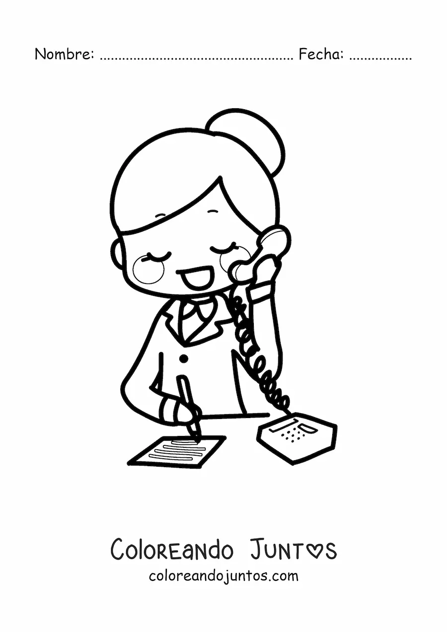 Imagen para colorear de caricatura de una secretaria hablando por teléfono en su oficina