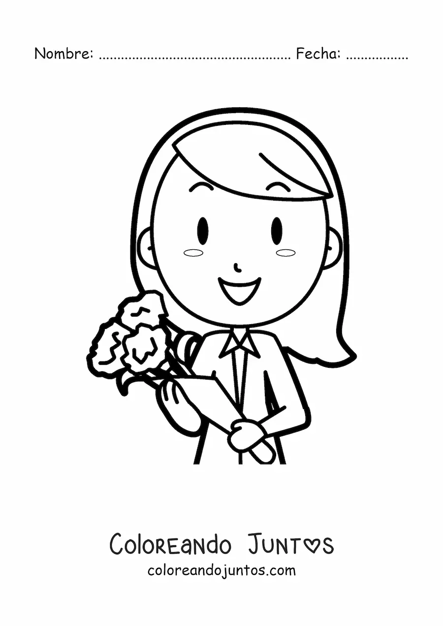 Imagen para colorear de secretaria animada con ramo de flores en el día de la secretaria