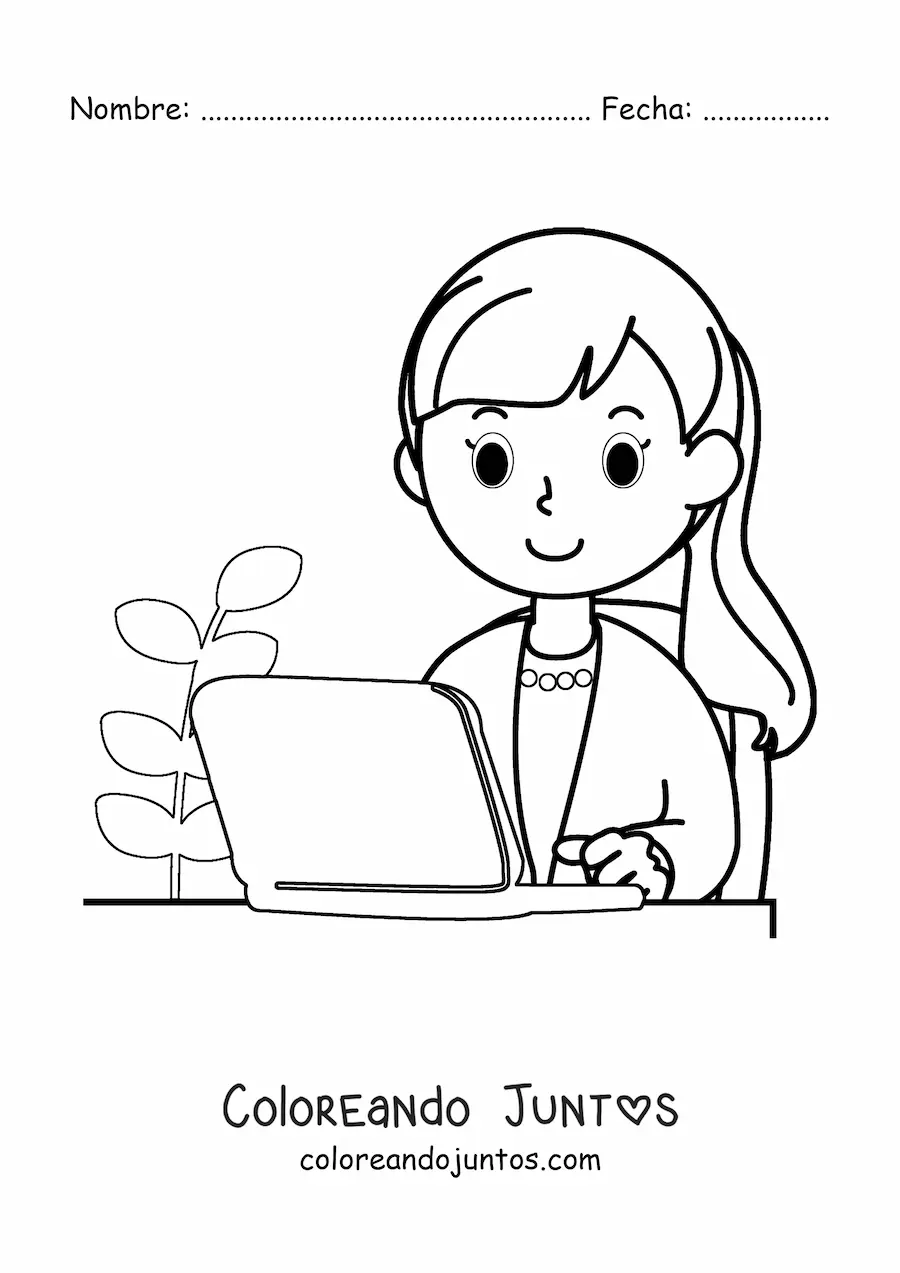 Imagen para colorear de secretaria animada fácil trabajando en una laptop en la oficina