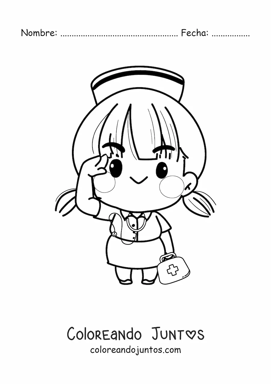 Imagen para colorear de enfermera kawaii animada fácil