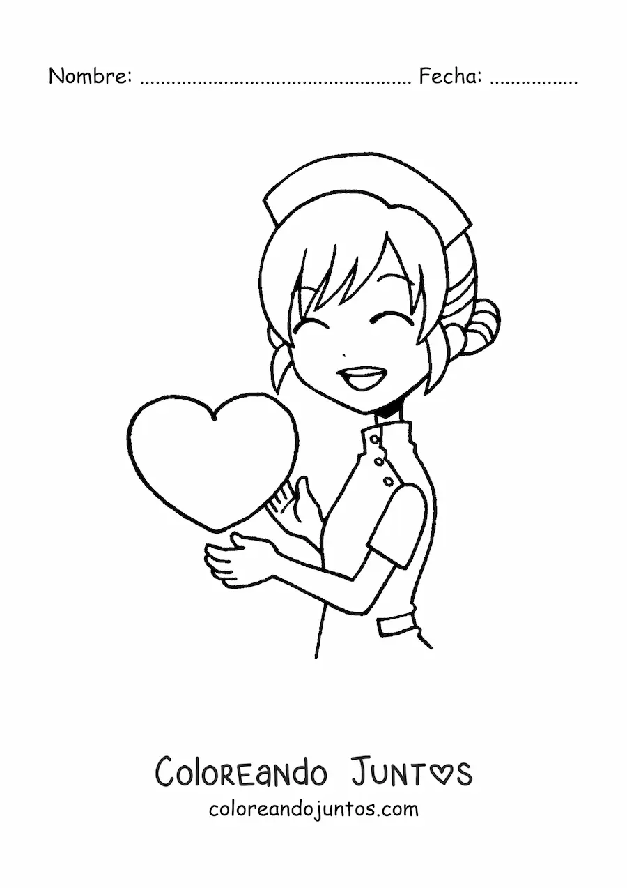 Imagen para colorear de enfermera kawaii animada con un corazón