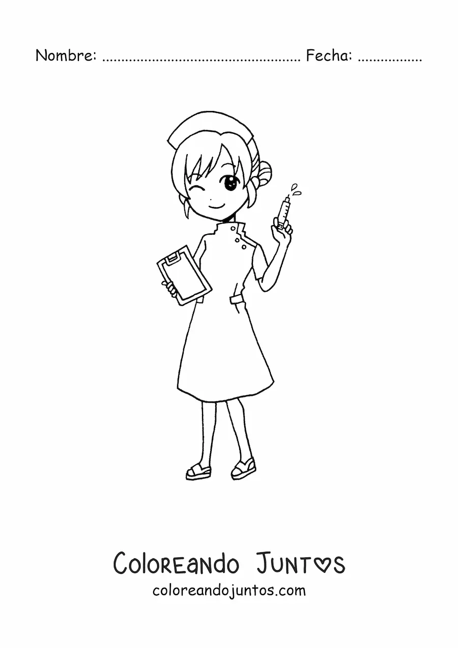 Imagen para colorear de enfermera kawaii animada con una jeringa