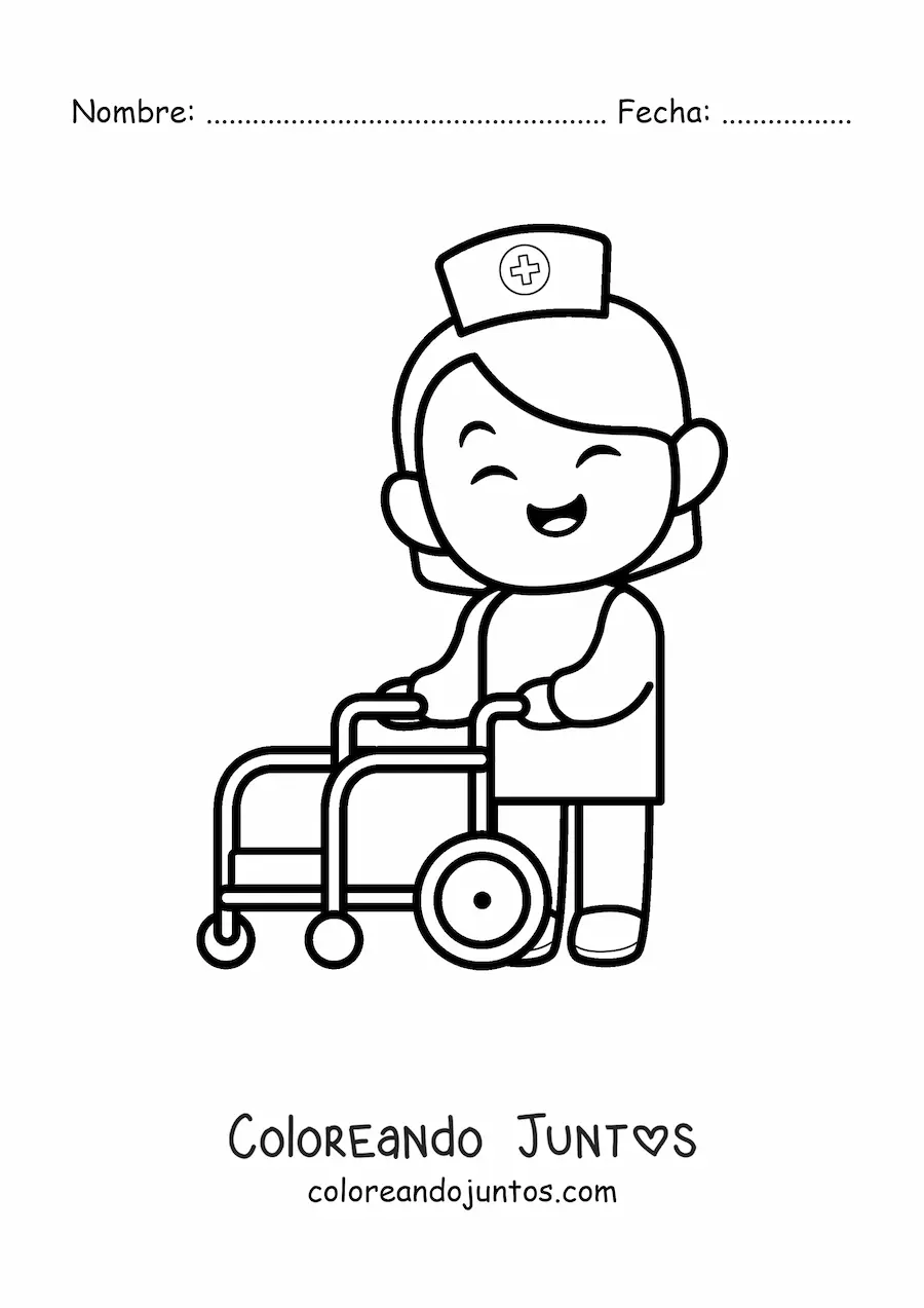 Imagen para colorear de enfermera animada con una silla de ruedas