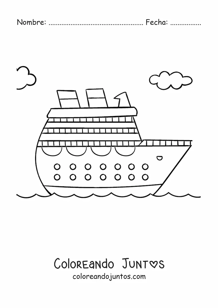 Imagen para colorear de un crucero en el mar con nubes en el fondo
