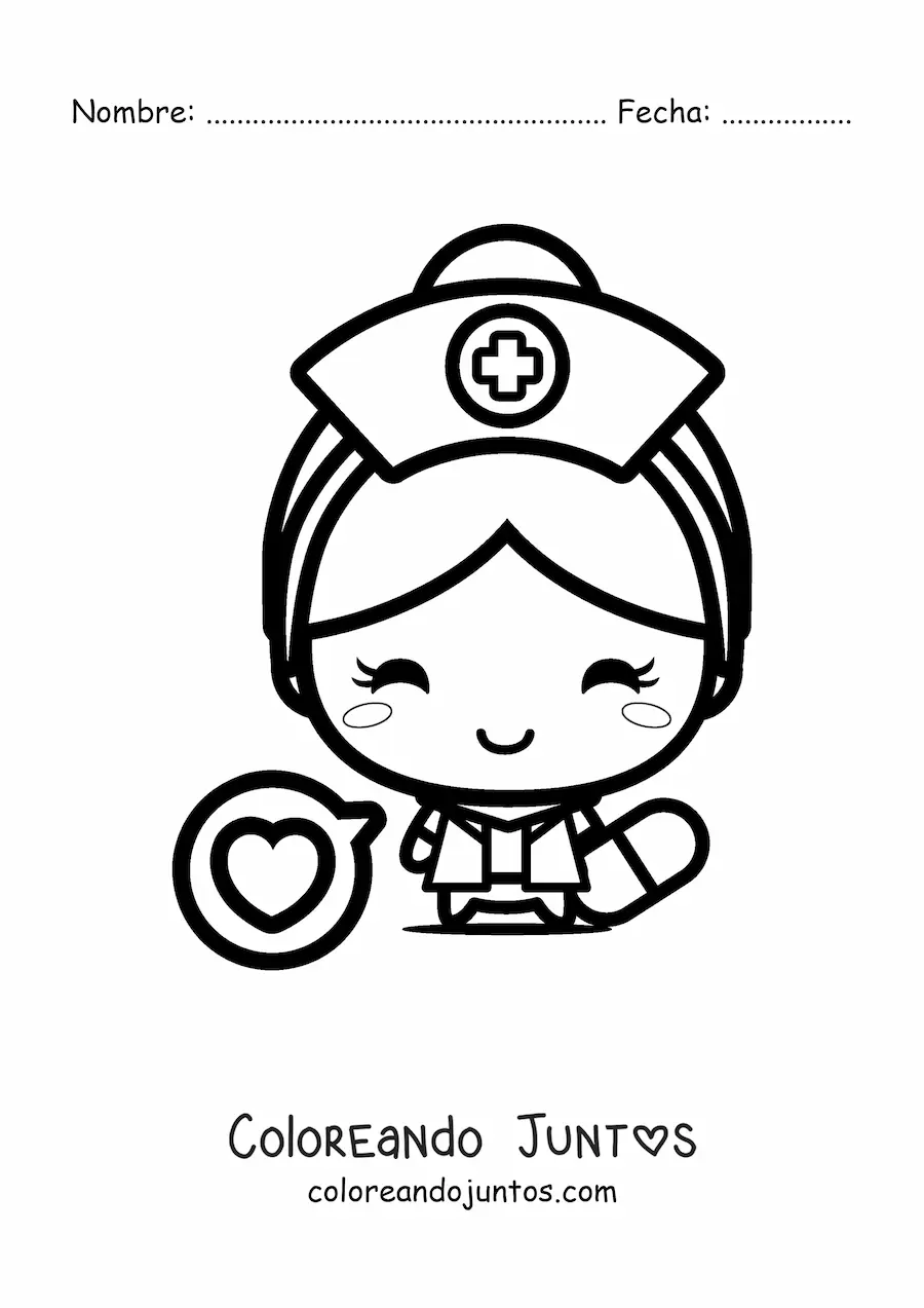 Imagen para colorear de enfermera kawaii con un corazón