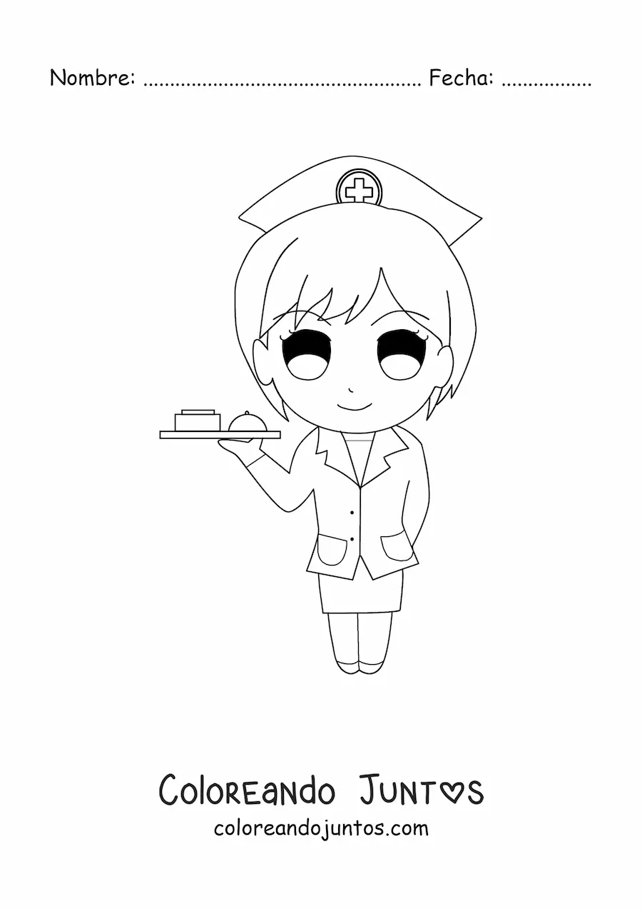 Imagen para colorear de enfermera animada con una bandeja