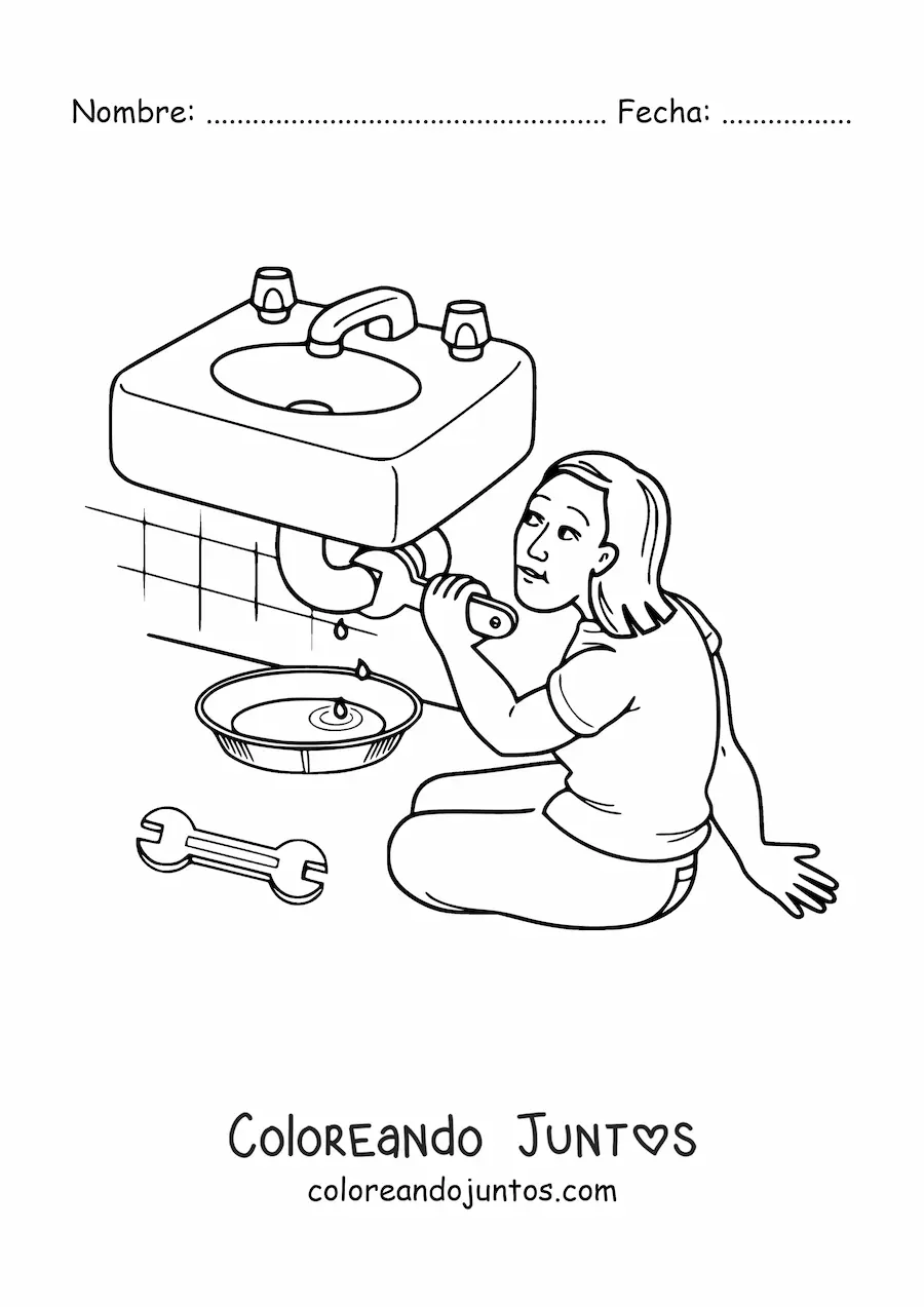 Imagen para colorear de mujer fontanera reparando una tubería del baño