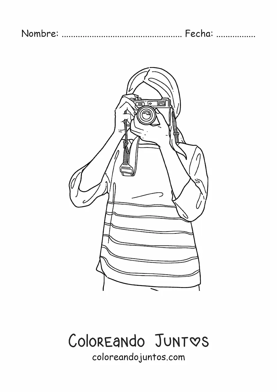 Imagen para colorear de mujer fotógrafa con una cámara fotográfica
