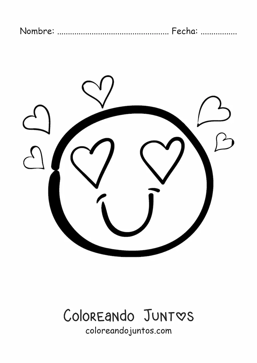 Imagen para colorear de emoji enamorado con ojos de corazón y corazones alrededor