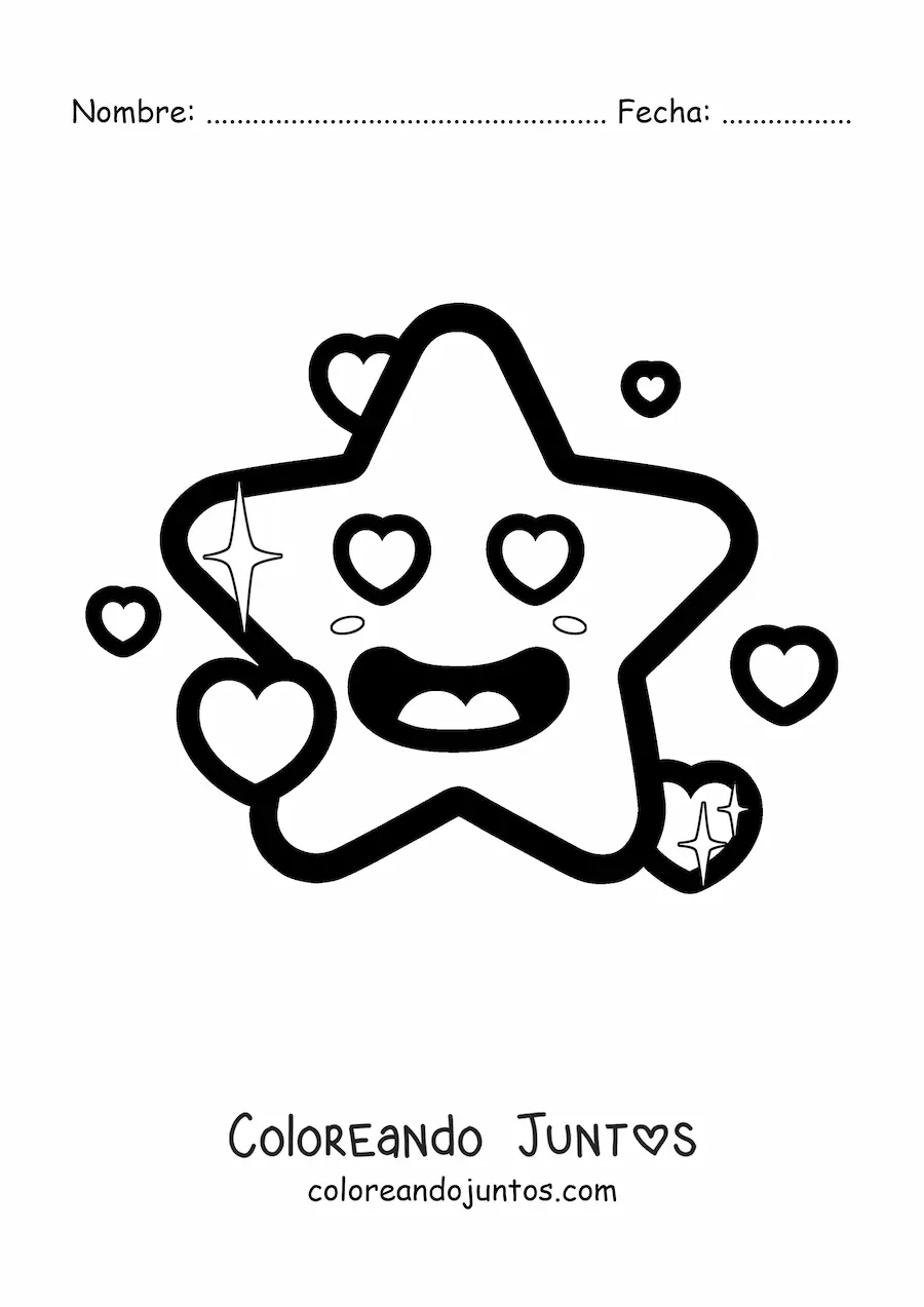 Imagen para colorear de emoji de estrella enamorada fácil con corazones