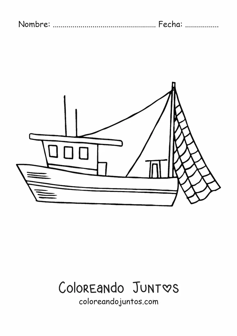 Imagen para colorear de un barco pesquero con una red