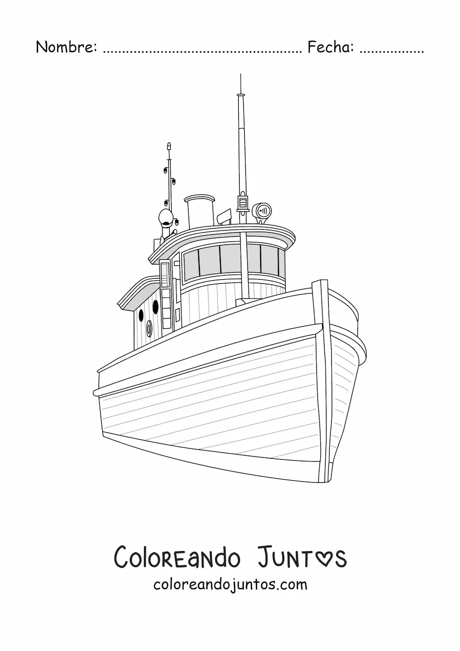 Imagen para colorear de un barco remolcador visto desde el frente