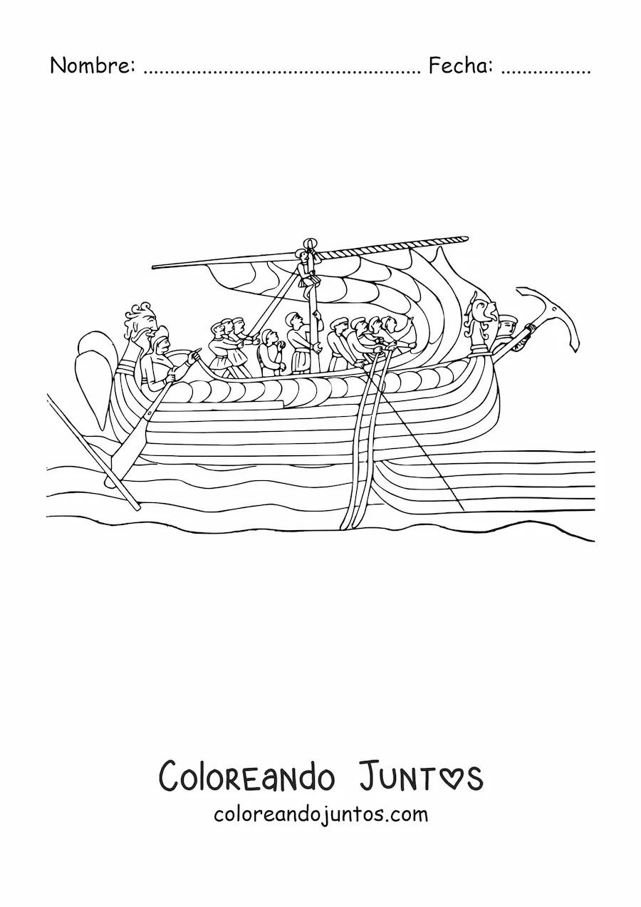 Imagen para colorear de un barco antiguo con tripulantes en el mar