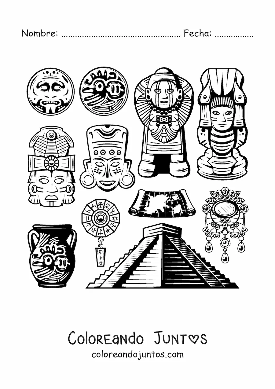 Imagen para colorear de pirámide y arte maya