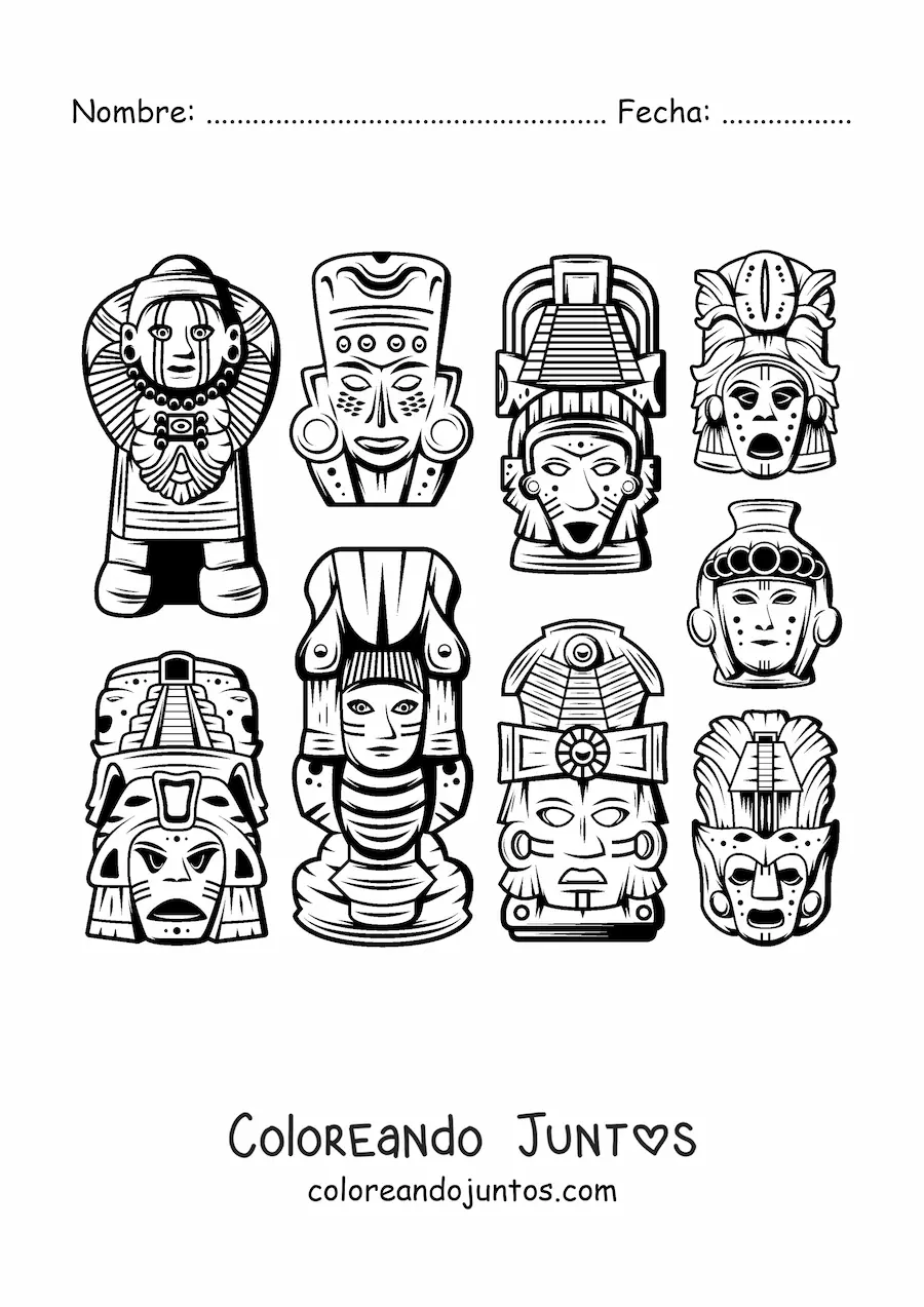 Imagen para colorear de máscaras y artesanías mayas