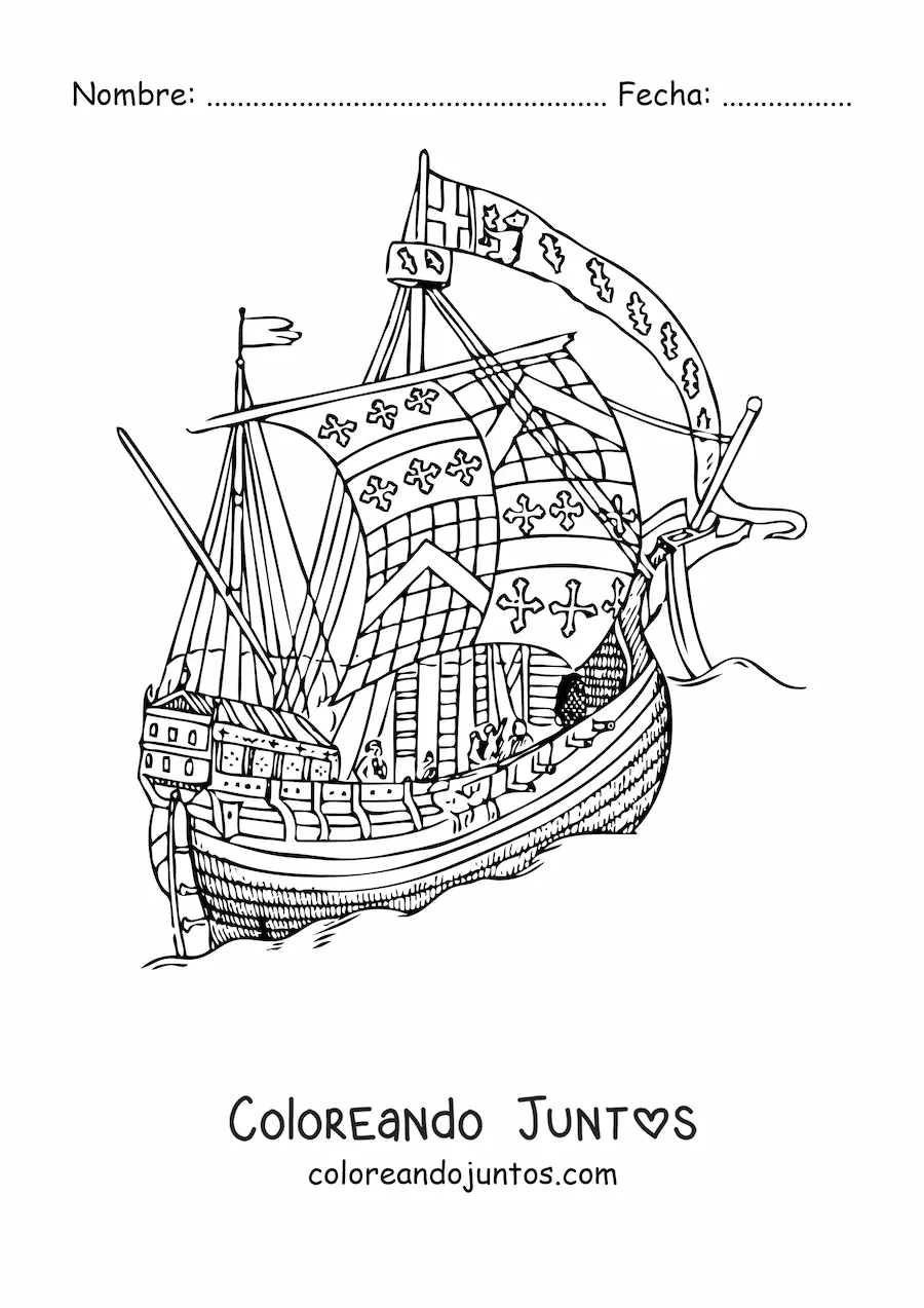 Imagen para colorear de un barco antiguo en el mar con cruces en las velas
