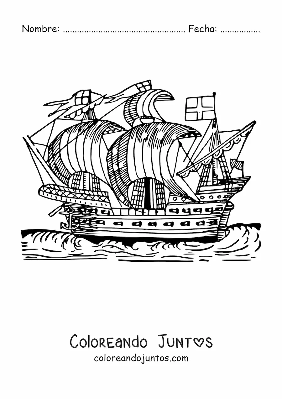 Imagen para colorear de un barco antiguo en el mar