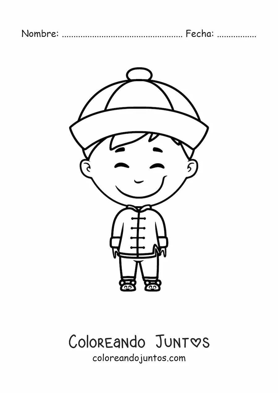 Imagen para colorear de niño chino con traje tradicional