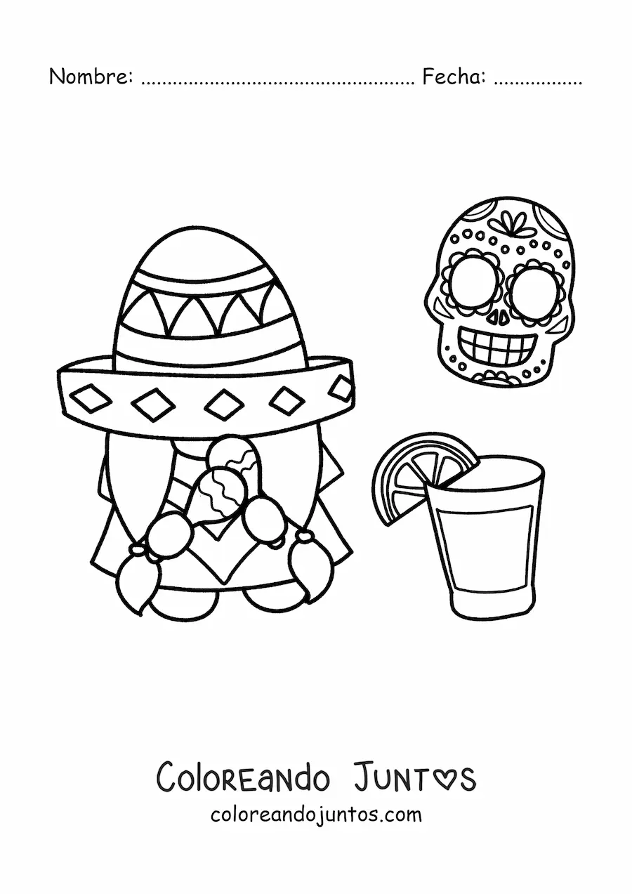 Imagen para colorear de gnomo animado con sombrero mexicano y tequila