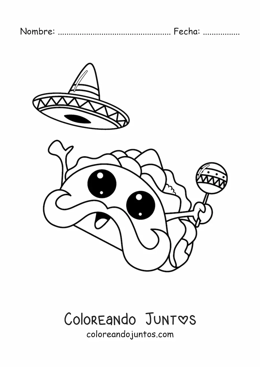 Imagen para colorear de taco mexicano kawaii animado con sombrero y maraca