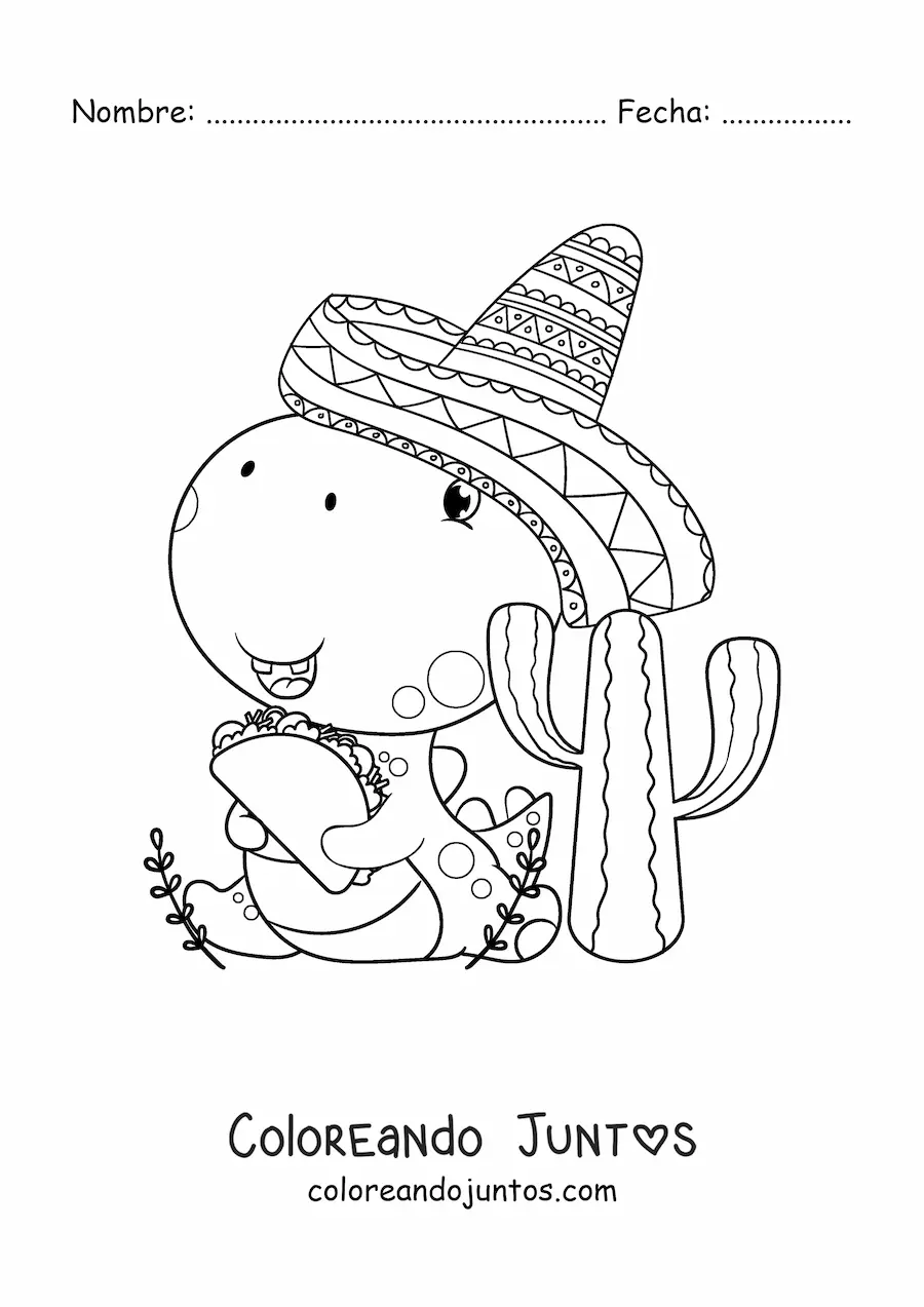 Imagen para colorear de dinosaurio animado con sombrero mexicano y un taco