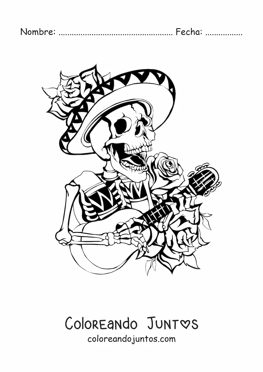 Imagen para colorear de esqueleto mariachi mexicano