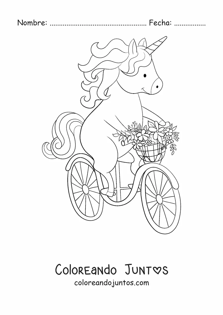 Imagen para colorear de un unicornio kawaii montando bicicleta con flores