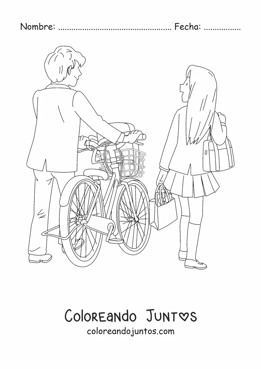 Imagen para colorear de una pareja con una bicicleta