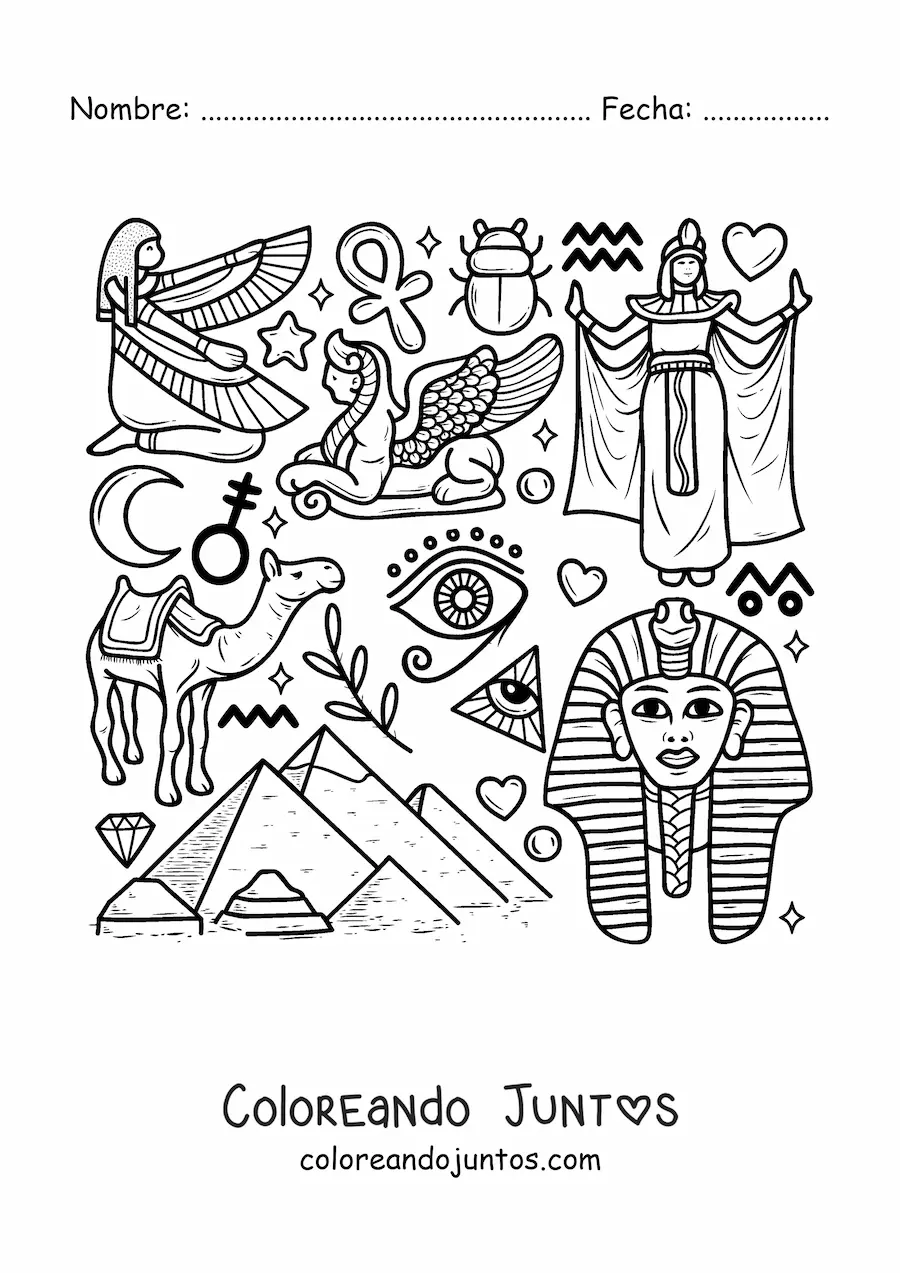 Imagen para colorear de pirámides y elementos de la cultura del antiguo egipto