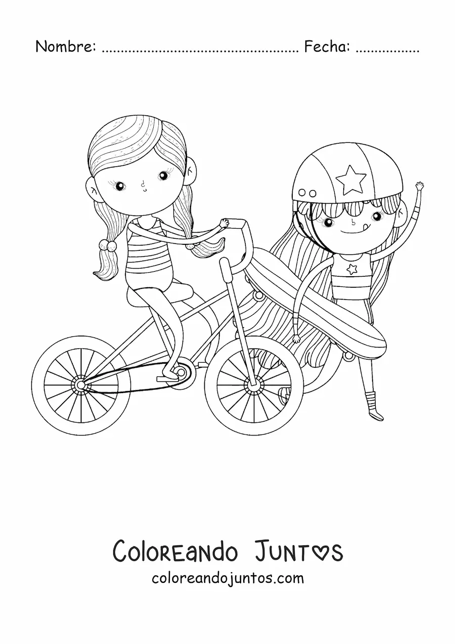Imagen para colorear de una niña en bicicleta y una niña con una skate