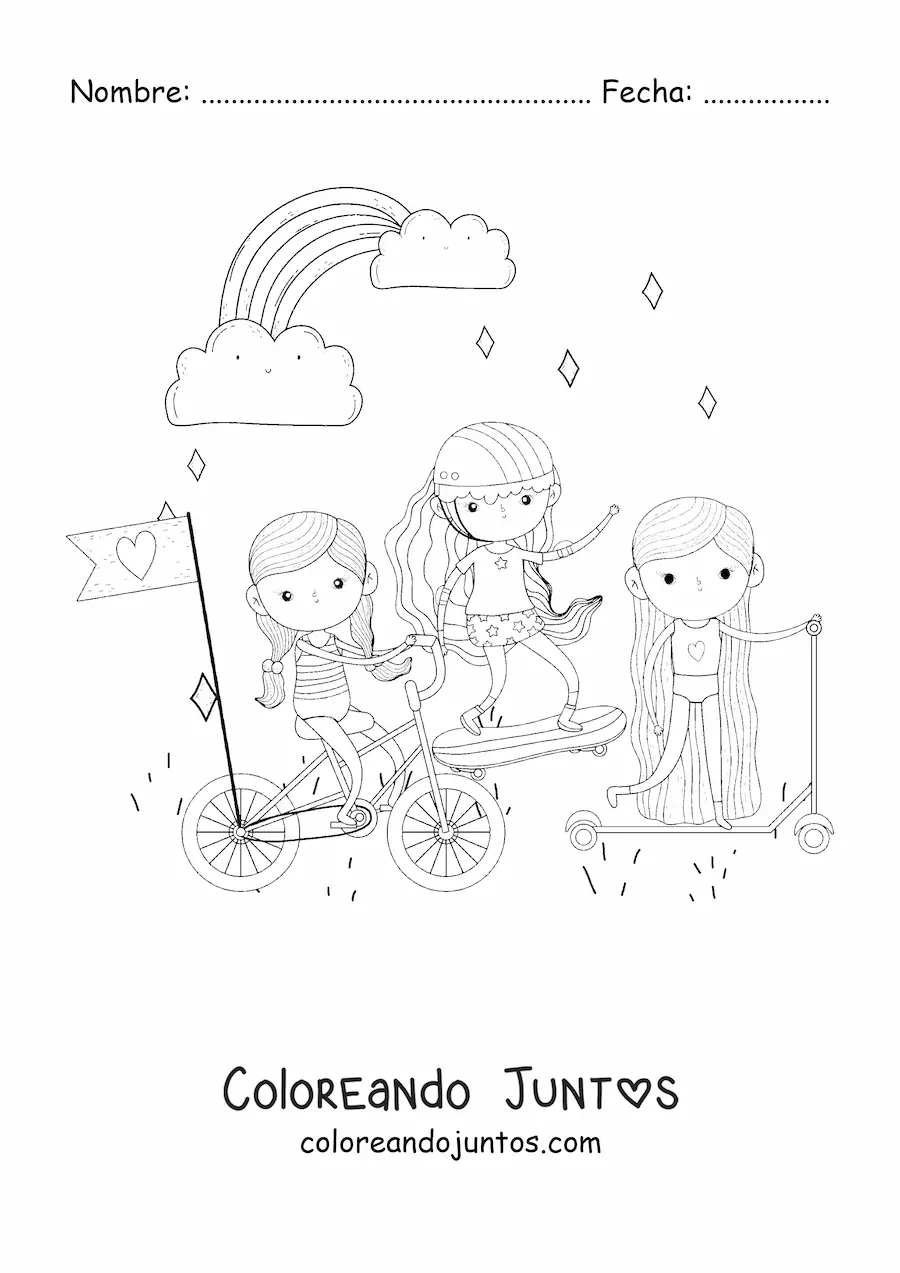 Imagen para colorear de tres niñas montando bicicleta, patineta y monopatín con arcoíris de fondo