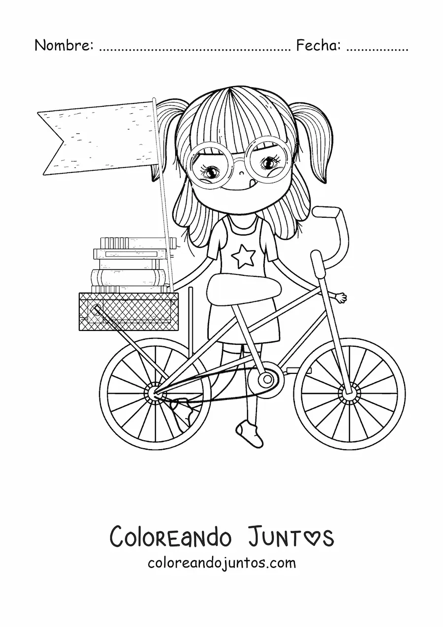 Imagen para colorear de una niña con bicicleta y libros