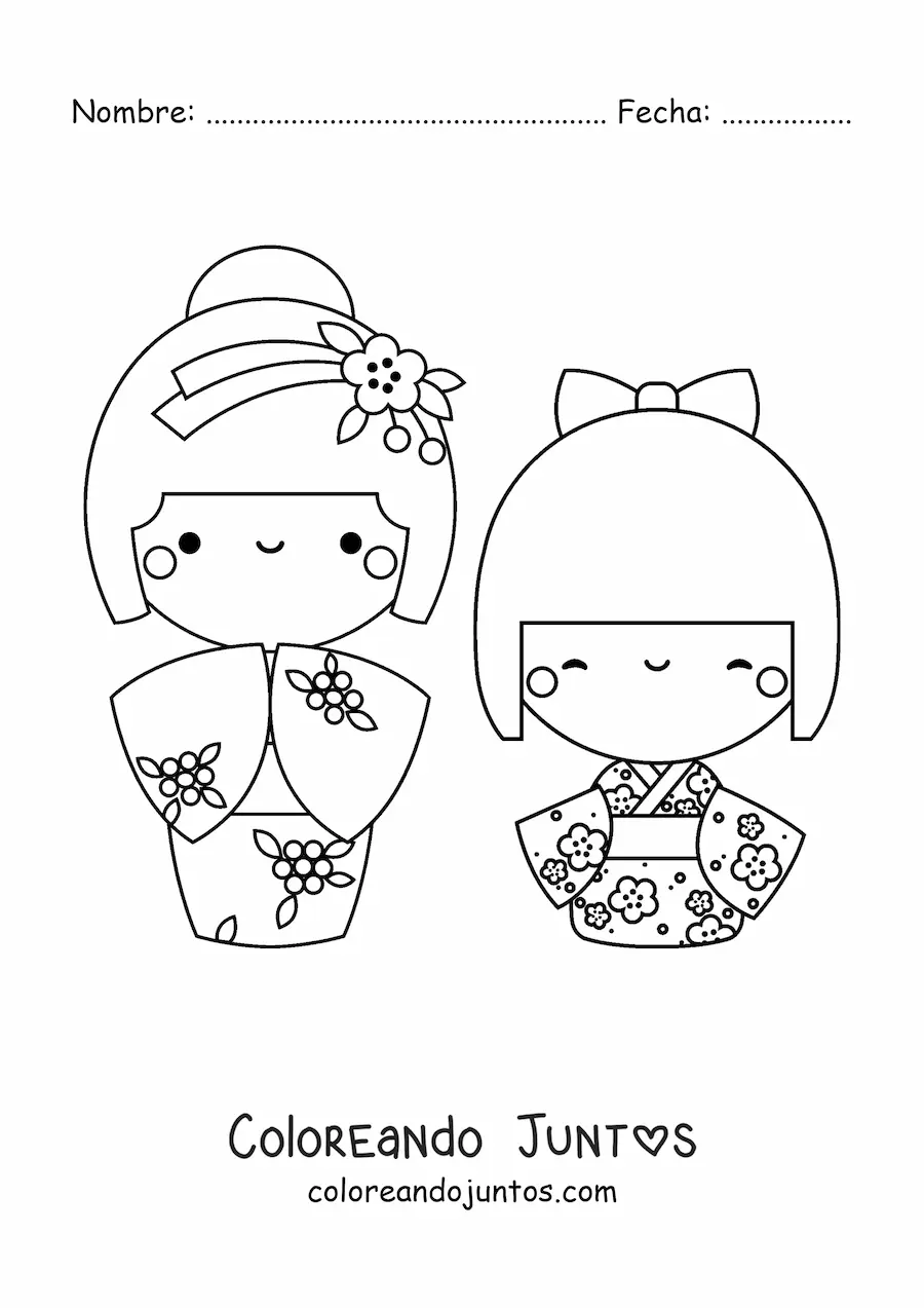 Imagen para colorear de muñecas japonesas kawaii