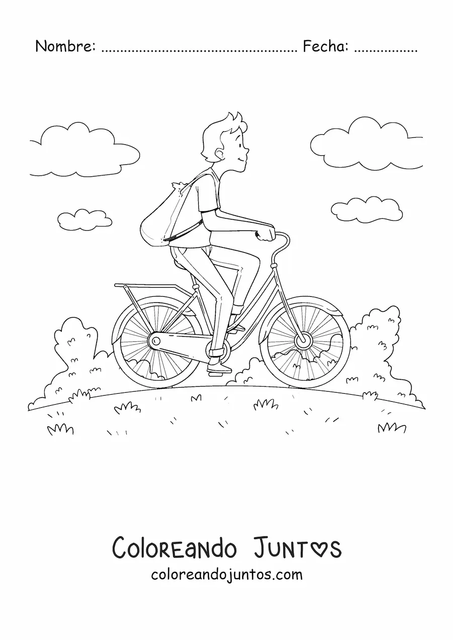 Imagen para colorear de un hombre en una bicicleta con nubes de fondo