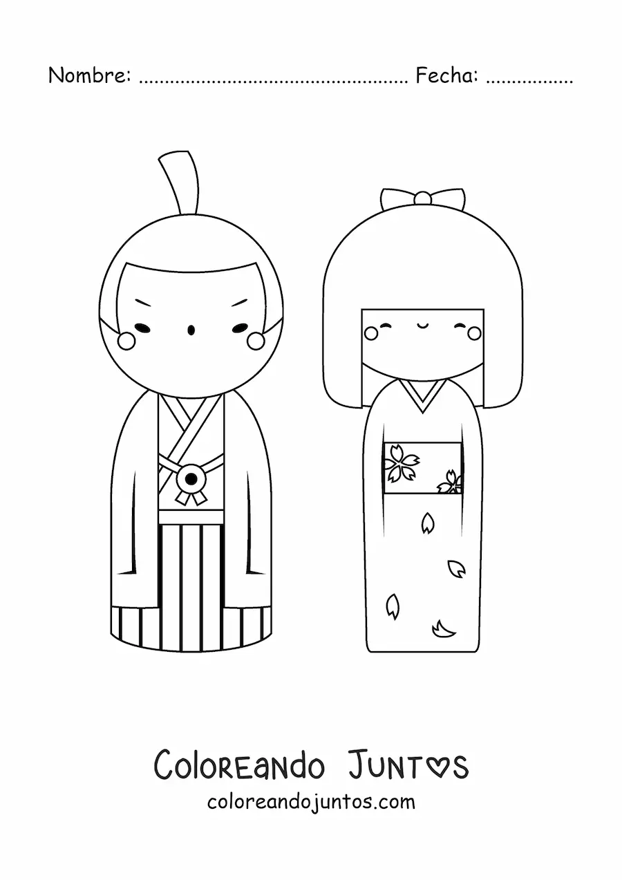 Imagen para colorear de pareja japonesa con vestimenta tradicional