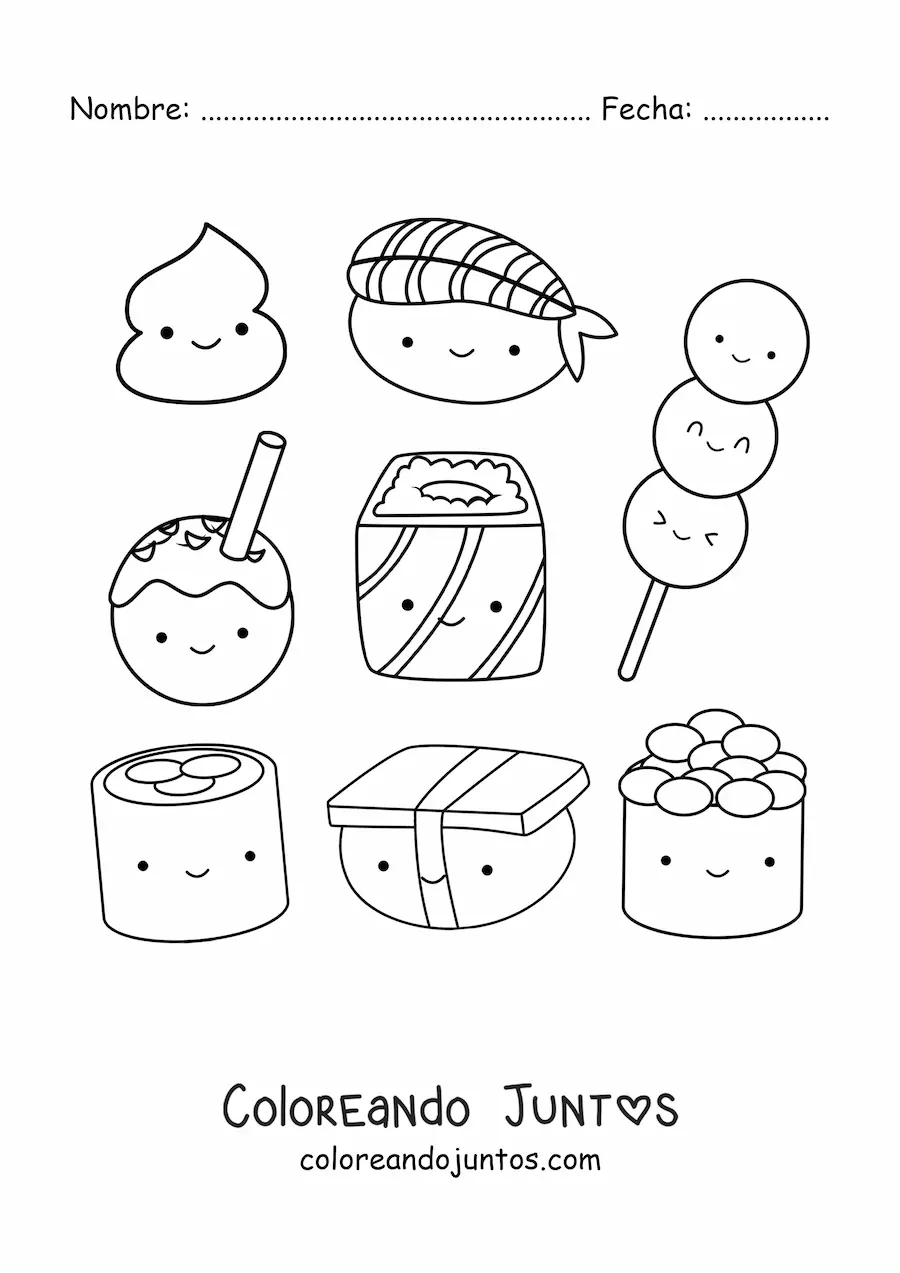 Imagen para colorear de sushi animado