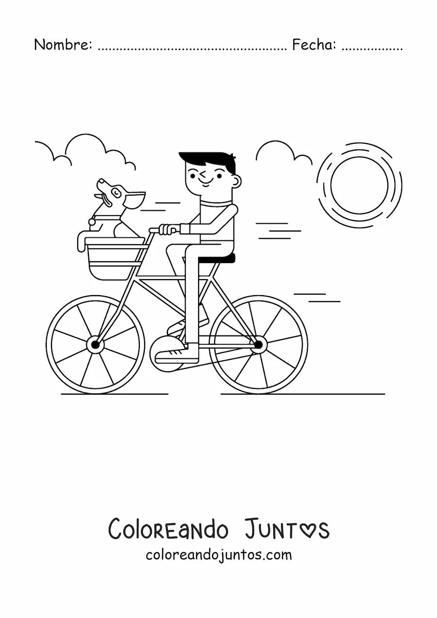 Imagen para colorear de un niño en una bicicleta con un perro en la canasta