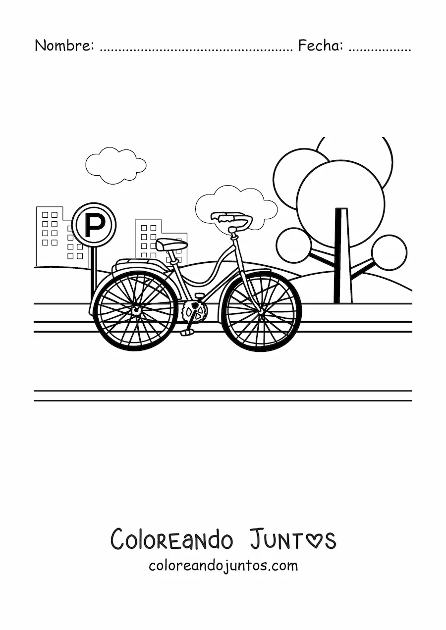 Imagen para colorear de una bicicleta en el parque con edificios en el fondo